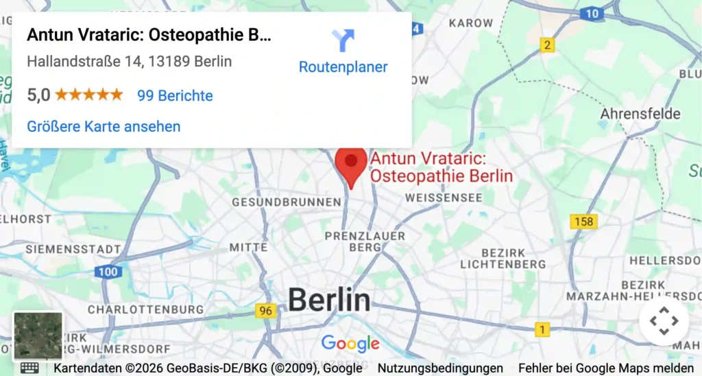 Google Maps Karte zeigt den Standort der Osteopathie Praxis in Berlin Pankow.