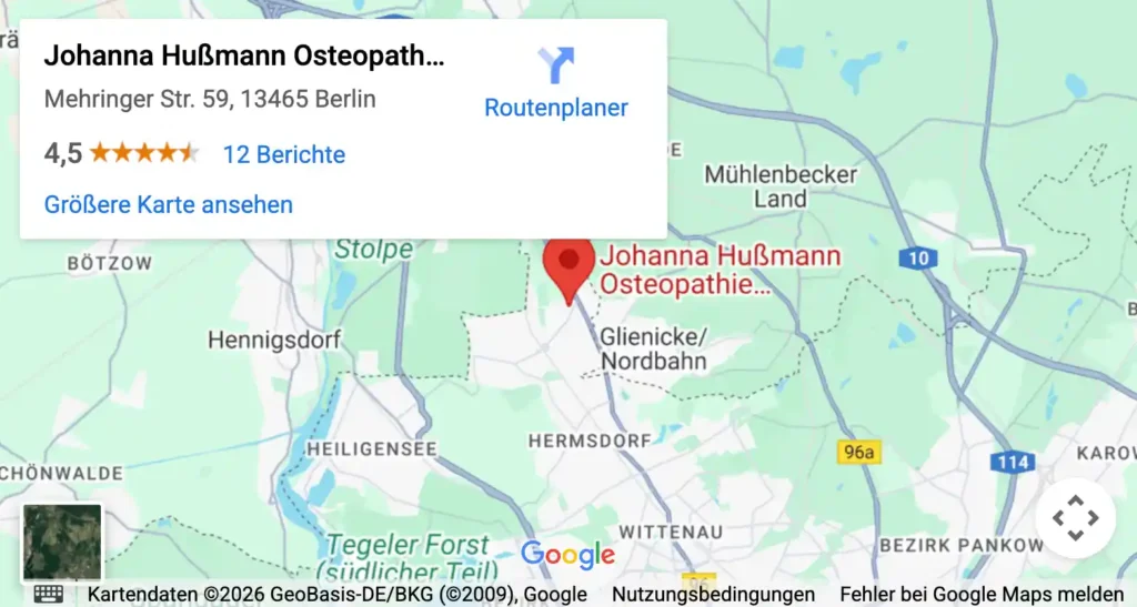 Google Maps Karte zeigt den Standort der Osteopathie Praxis in Berlin Frohnau.